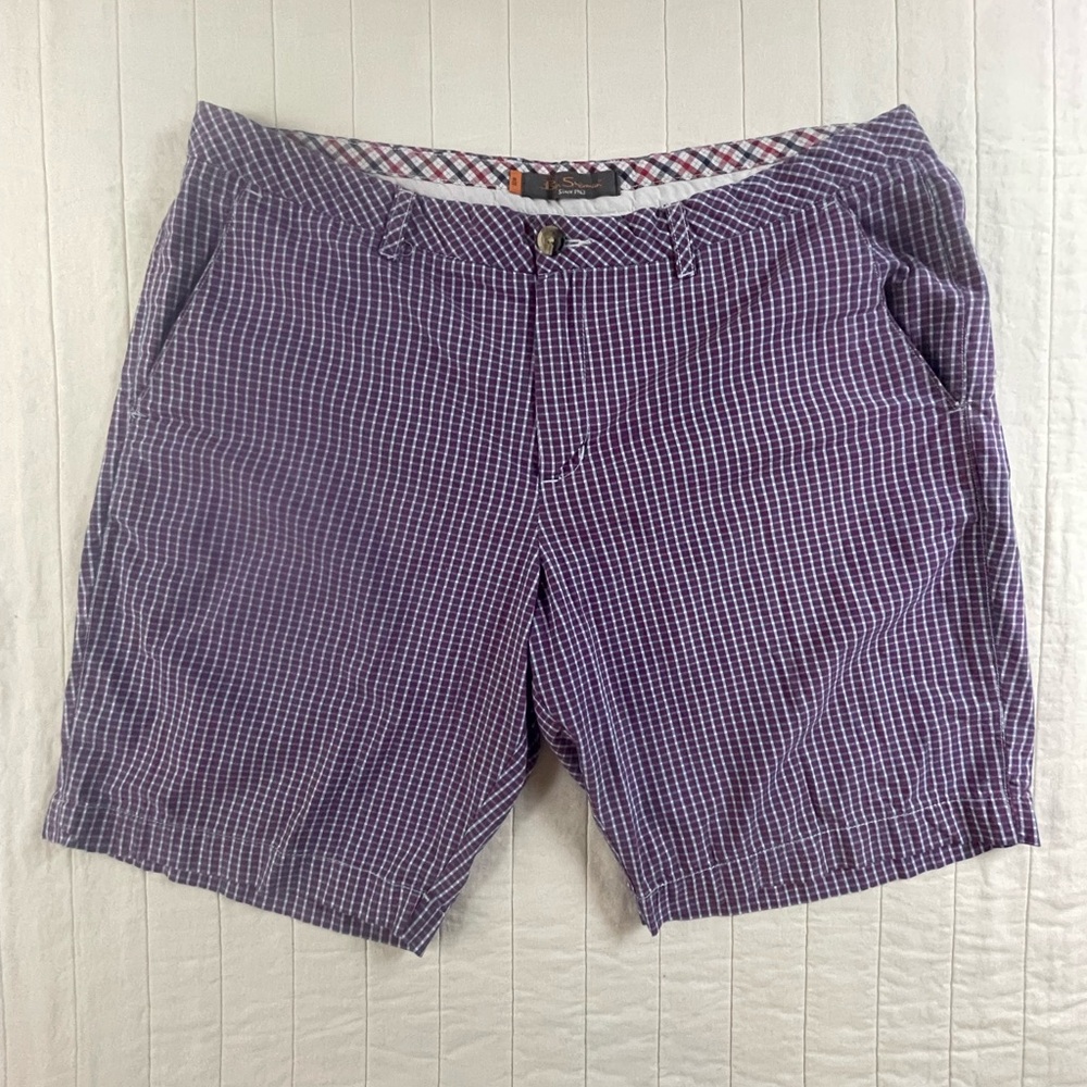 Ben Sherman Red and Blue Checkered Cotton Flat Front Shorts 32